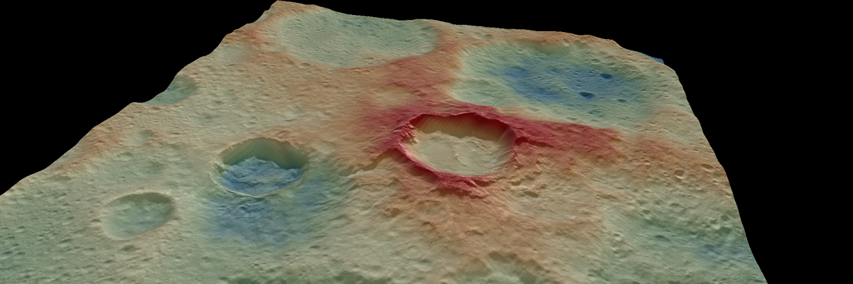 Modelo digital del terreno que muestra el escarpe formado por una falla inversa que deformó los cráteres Kupalo y Juling.(Imagen: UCM a partir de datos NASA/DAWN)