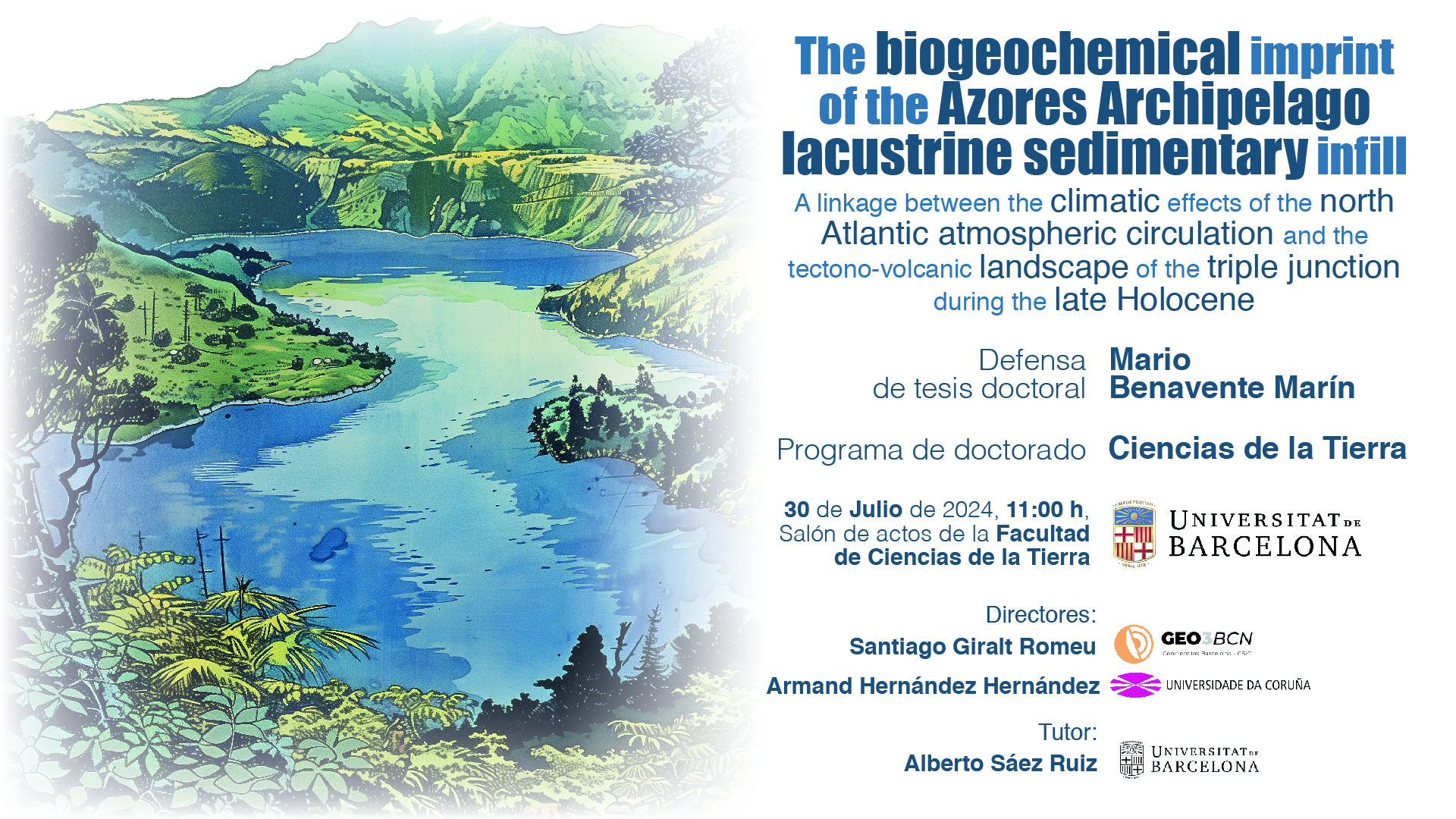 Cartel defensa tesis con una ilustración de un lago de las Azores.